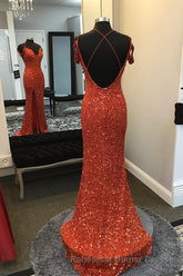 Orange Sparkly Spaghetti Straps Sequins Long Semi Formal Prom Dress with Slit